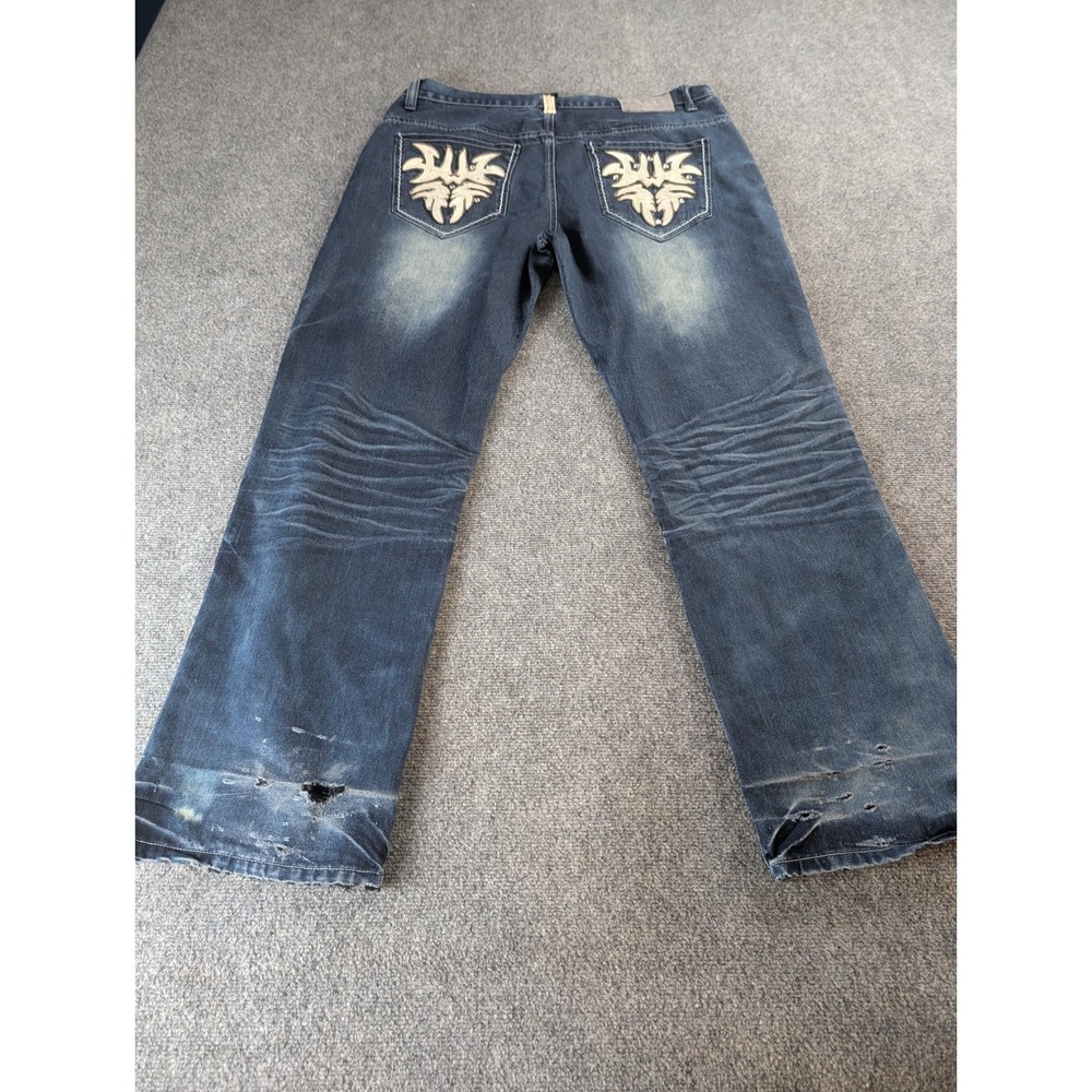 Raw Blue Premium Jeans Mens 40X33 Blue Y2K Rhinestone Tribal Embroidered Grunge